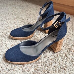 Worthington Ankle strap Platform Denim sandals Panama Block Heel Pumps size 9